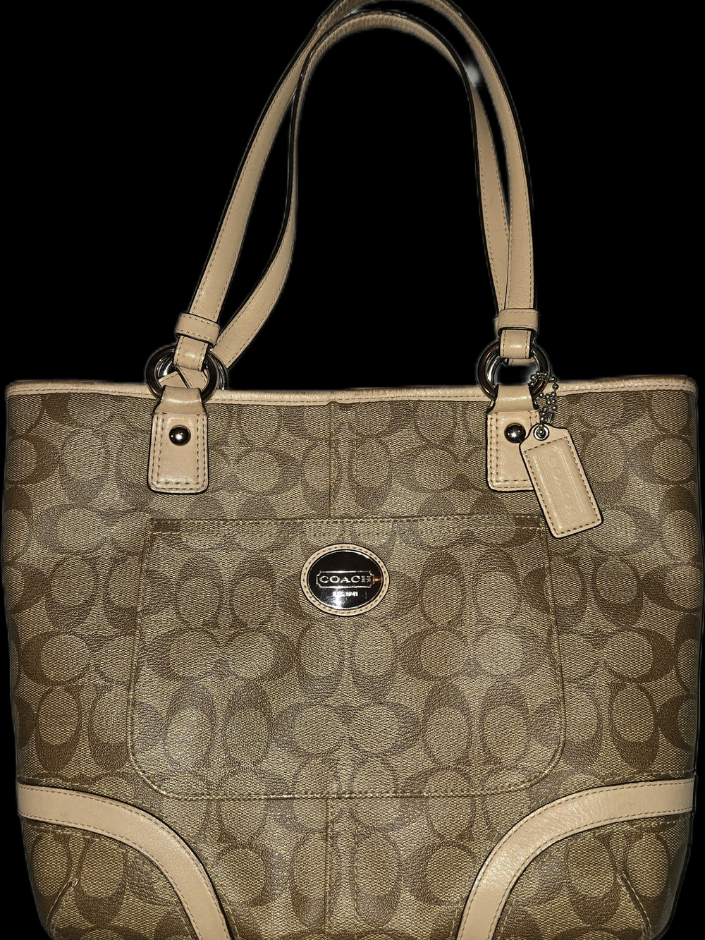 Coach Signature Tote in Khaki/Chalk With Leather Trim